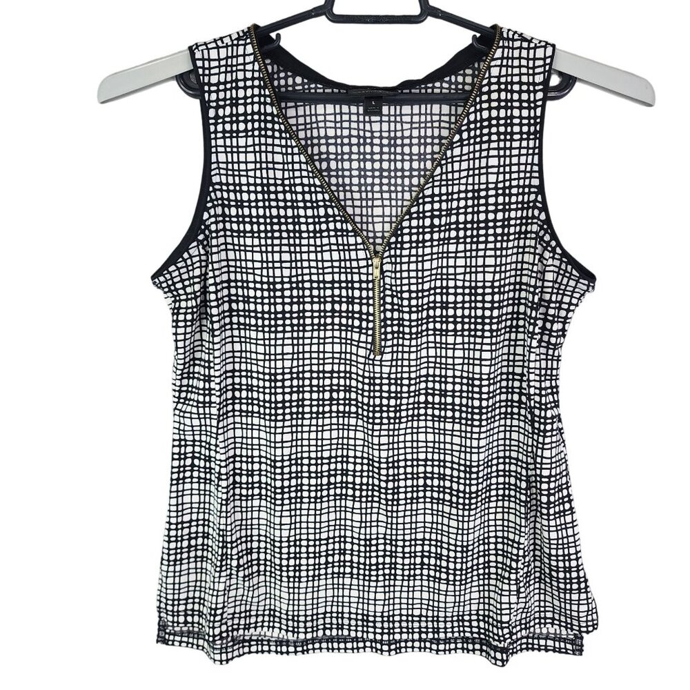 Women's Black & White Worthington Sleeveless V-Neck Top Zip-Front Size L